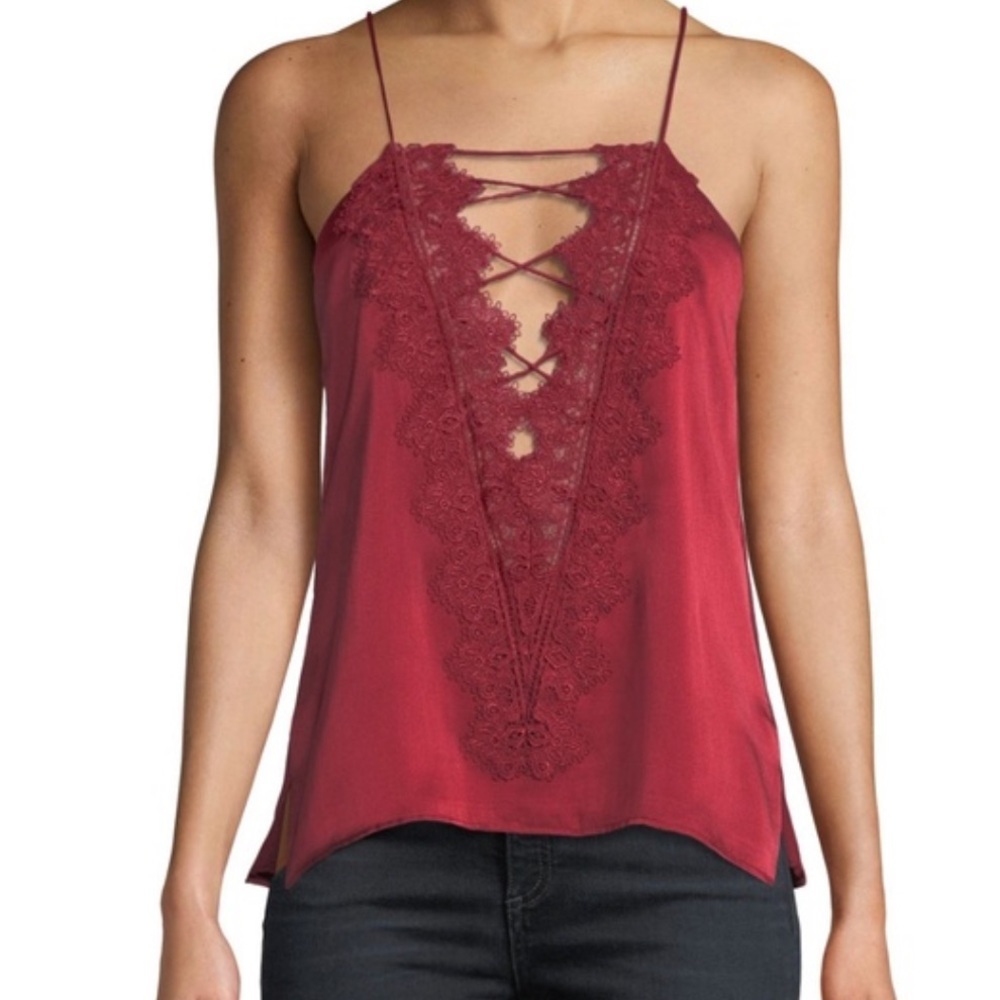 Cami NYC Charlie Charmeuse Strappy Lace Tank Top Bouse Burgundy Wine Small S
